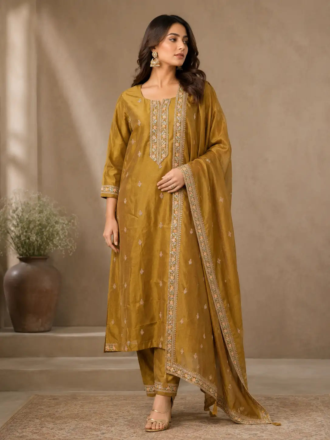Olive Gold Embroidered Kurta Set with Dupatta